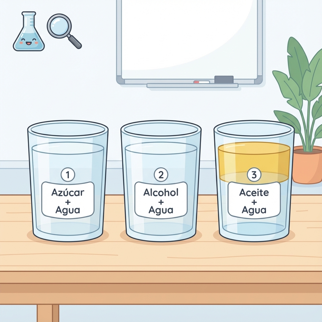 Experimental setup showing sugar dissolved, alcohol dissolved, and oil floating on water
